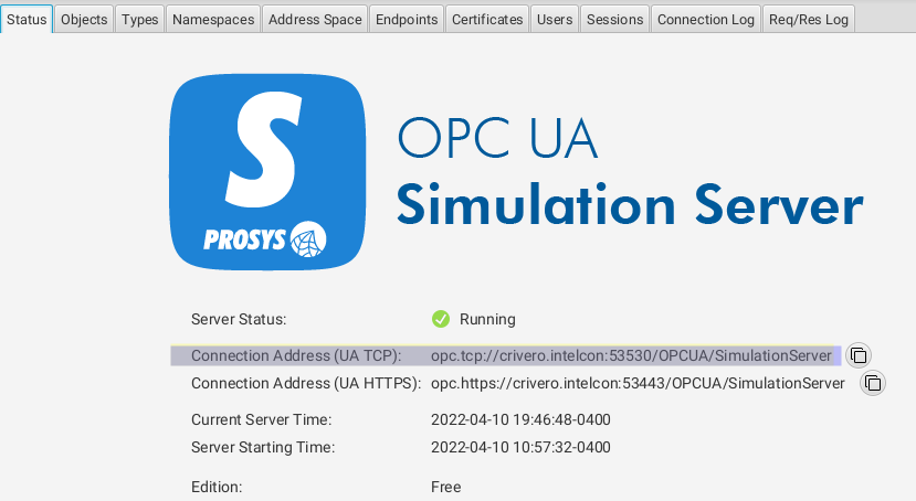 Prosys OPCUA Server Simulator URL